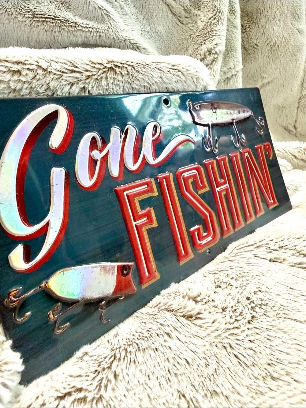 Open Road Brands Gone Fishin' Metal Wall Sign in Teal and Red